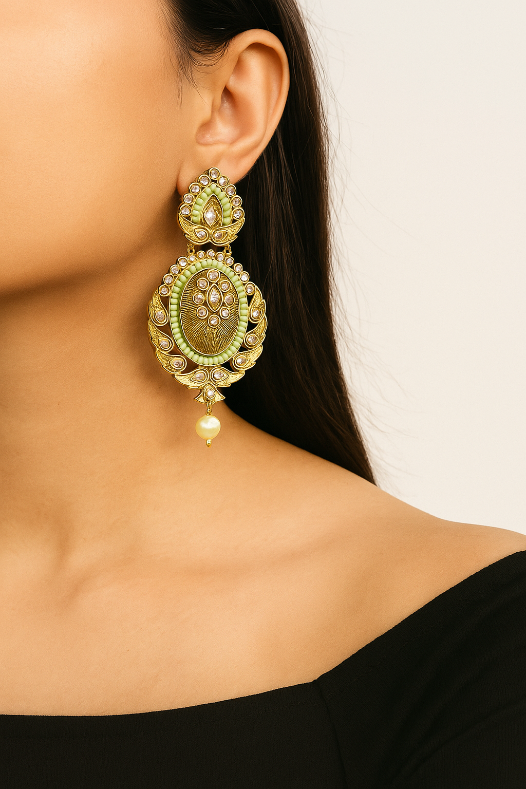 Mint Green Kundan Drop Earrings with Pearl Accent